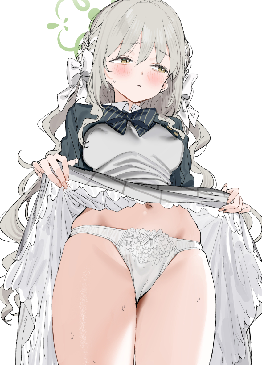 1girl :o black_bow black_bowtie blue_archive blush bow bow_panties bowtie breasts clothes_lift commentary_request covered_erect_nipples diagonal-striped_bow diagonal-striped_bowtie diagonal-striped_clothes flower_halo from_below green_halo grey_hair hair_bow halo highres jacket large_breasts lifting_own_clothes long_hair long_sleeves miyo_(blue_archive) navel panties parted_lips shirt simple_background skirt skirt_lift solo standing stomach striped_bow striped_bowtie striped_clothes subachi sweat thighs underwear white_background white_bow white_panties white_shirt