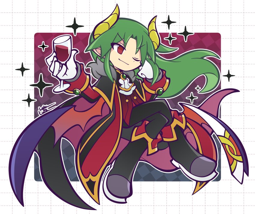 1boy absurdres border closed_mouth commentary crossed_legs cup drinking_glass glass gloves gold_trim green_hair grey_background highres holding holding_cup horns invisible_chair leslietheluna long_hair male_focus one_eye_closed outside_border puyopuyo red_background red_eyes satan_(puyopuyo) sitting smile solo sparkle two-tone_background white_border white_gloves wine_glass