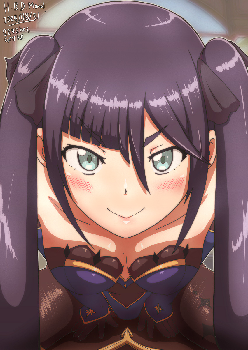 1boy 1girl absurdres aether_(genshin_impact) bare_shoulders black_hair black_ribbon black_shirt blue_leotard blush bodystocking breasts closed_mouth genshin_impact good_morning_my_brother_(meme) green_eyes hair_between_eyes hair_ornament hair_ribbon highres leaning_forward leotard long_hair looking_at_viewer medium_breasts meme mona_(genshin_impact) pov purple_hair ribbon shirt sitting sitting_on_person strikemkii twintails very_long_hair