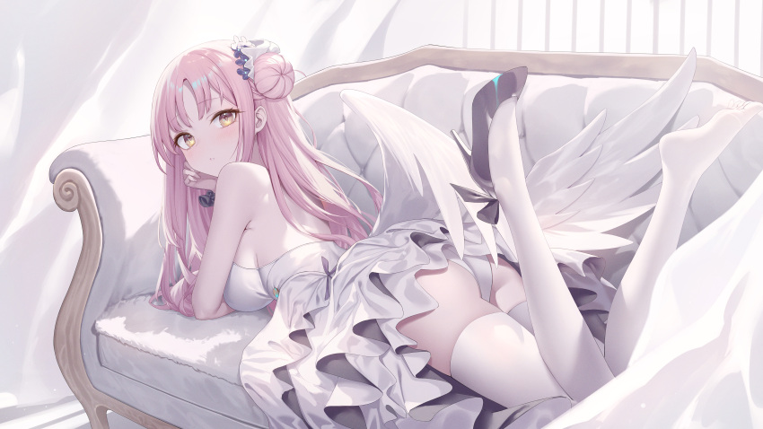 1girl absurdres angel_wings ass black_footwear blue_archive blush breasts commentary_request couch dress feathered_wings flower frilled_dress frills hair_bun hair_flower hair_ornament high_heels highres long_hair looking_at_viewer lying md5_mismatch medium_breasts mika_(blue_archive) no_halo on_stomach panties parted_lips pink_hair purple_flower roi_(liu_tian) single_side_bun sleeveless sleeveless_dress solo thighhighs underwear white_dress white_panties white_thighhighs white_wings wings yellow_eyes