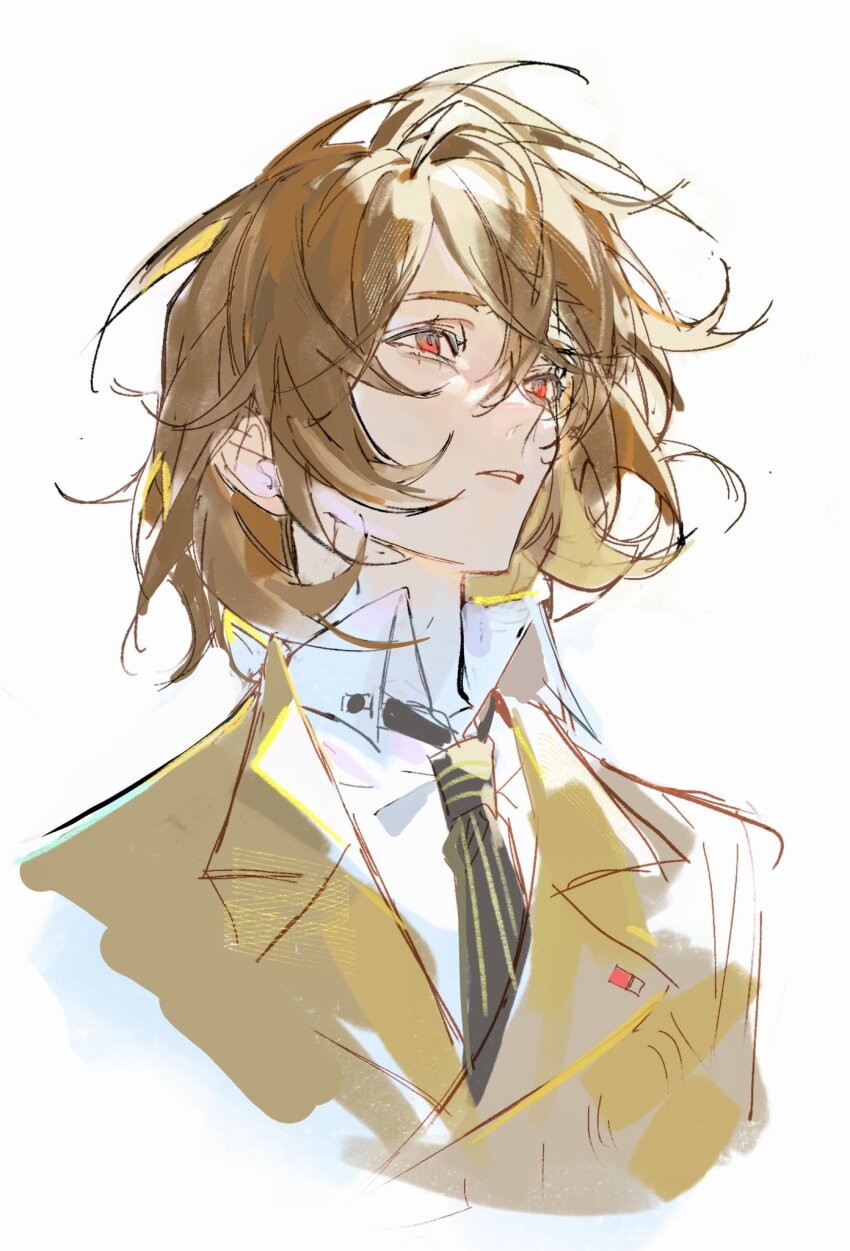 1boy akechi_gorou binxngchng1 brown_hair brown_jacket collared_shirt cropped_torso crossed_bangs eyelashes floating_hair hair_behind_ear highres jacket lapels looking_ahead male_focus necktie notched_lapels parted_bangs parted_lips persona persona_5 red_eyes shirt simple_background solo teeth upper_body white_background white_shirt wing_collar