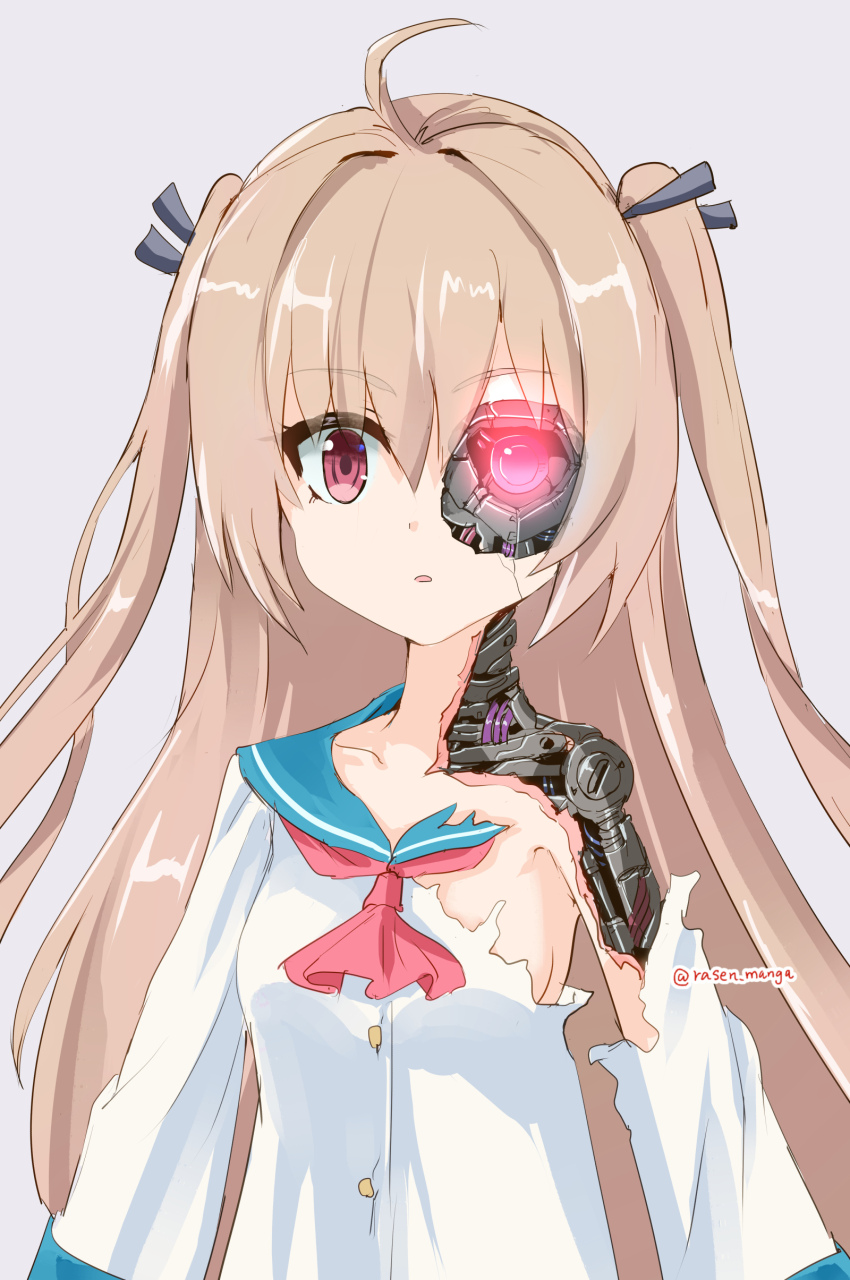 1girl absurdres ahoge android atri atri-my_dear_moments- blue_sailor_collar breasts collarbone commentary damaged dress glowing glowing_eye grey_background grey_ribbon hair_ribbon highres light_brown_hair long_hair long_sleeves looking_at_viewer mechabare parted_lips rasen_manga red_eyes ribbon sailor_collar sailor_dress school_uniform simple_background small_breasts solo torn_clothes torn_dress twintails twitter_username upper_body very_long_hair watermark white_dress