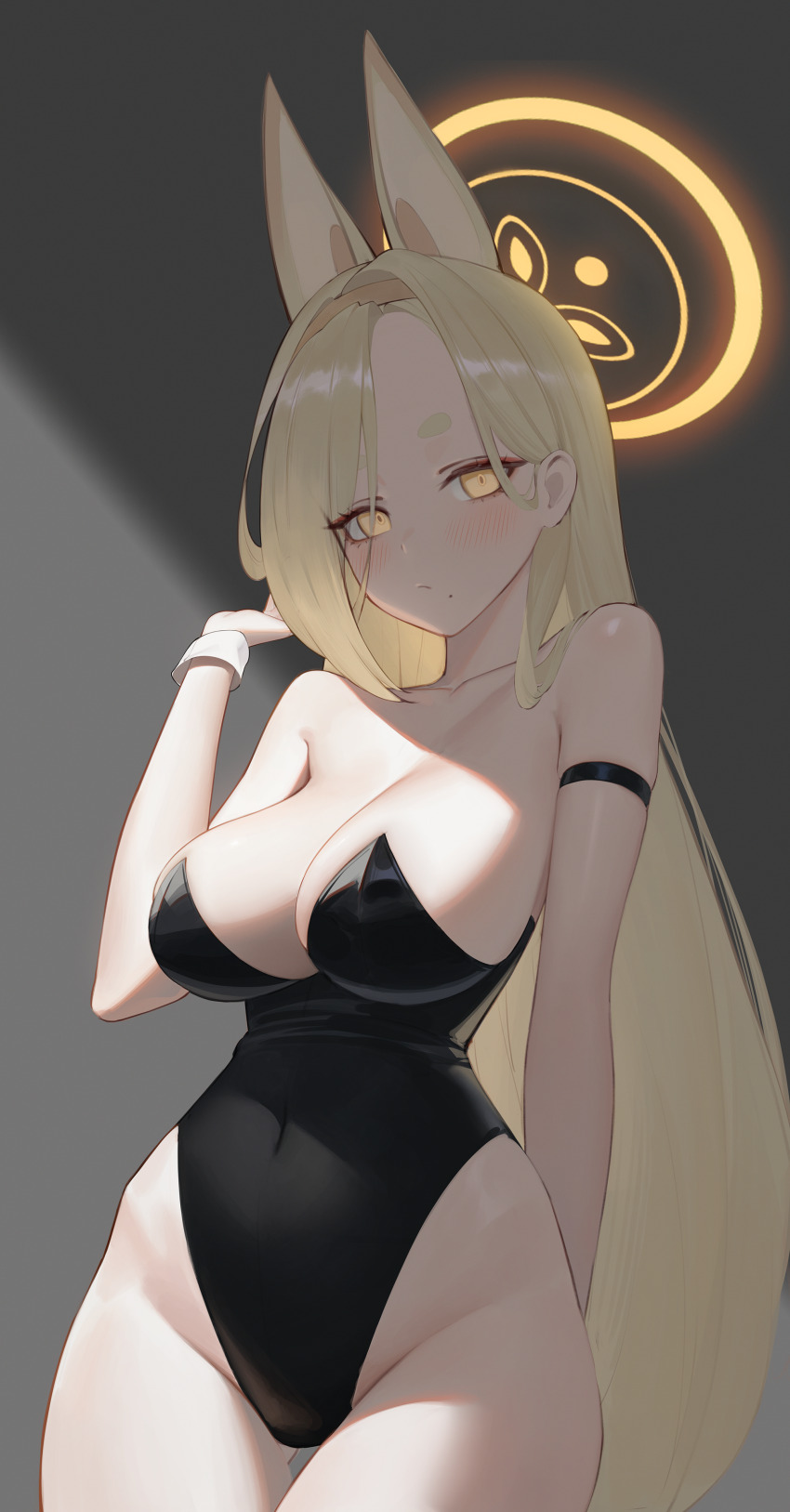 1girl absurdres alternate_costume animal_ears arm_behind_back arm_strap black_leotard blonde_hair blue_archive breasts closed_mouth collarbone covered_navel cowboy_shot dot_nose fox_ears fox_girl grey_background groin hairband halo hand_up hantata highleg highleg_leotard highres kaho_(blue_archive) large_breasts leotard long_hair looking_at_viewer mole mole_under_mouth parted_bangs shadow short_eyebrows solo standing straight_hair strapless strapless_leotard thick_eyebrows very_long_hair white_wrist_cuffs wrist_cuffs yellow_eyes yellow_hairband yellow_halo