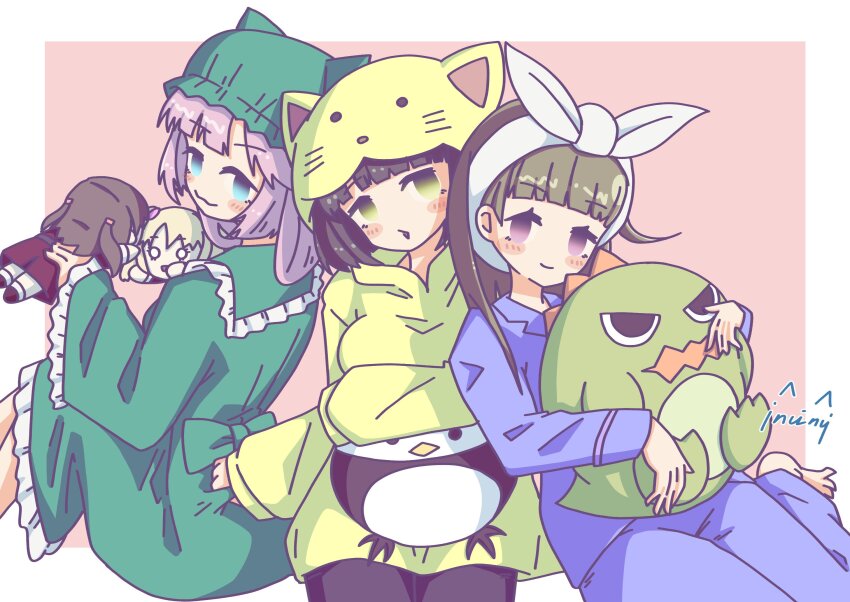3girls ahoge animal_hood anyoji_hime black_hair black_pantyhose blue_eyes blue_pajamas blunt_bangs bob_cut border breasts brown_dress brown_hair cat_hood center-flap_bangs commentary_request dress feet_out_of_frame frilled_dress frills fujishima_megumi gonzales_(love_live!) green_dress green_eyes green_hat hasu_no_sora_school_uniform hat highres holding holding_stuffed_toy hood hood_up hoodie hugging_doll hugging_object inuinui_paint kachimachi_kosuzu knees_out_of_frame knees_up link!_like!_love_live! long_hair long_hoodie long_sleeves love_live! medium_breasts mira-cra_park! mob_cap momose_ginko multiple_girls nesoberi osawa_rurino outside_border pajamas pantyhose pink_background pink_eyes pink_hair sailor_dress school_uniform short_hair side_ahoge sidelocks signature simple_background sitting sleeves_past_wrists stuffed_animal stuffed_bird stuffed_dinosaur stuffed_toy swept_bangs tsuru_(love_live!) virtual_youtuber white_border winter_uniform yellow_hoodie yokozuwari