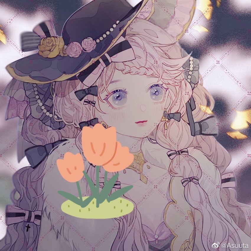 1girl asuuta bare_arms beads black_bow black_dress black_hat blue_eyes bow braid breasts chinese_commentary cleavage closed_mouth collarbone colored_eyelashes commentary_request commission dress emoji eyelashes falling_leaves flower frilled_headwear fur_scarf ginkgo_leaf gold_choker hair_bow hat hat_bow hat_flower leaf light_blush lips looking_ahead low_twintails multiple_hair_bows night original outdoors pink_bow pink_flower pink_lips pink_rose purple_pupils rose scarf single_stripe small_breasts smile solo sparkling_eyes strapless strapless_dress striped_bow sun_hat tareme twin_braids twintails two-tone_bow upper_body watermark watermark_grid weibo_watermark white_scarf yellow_flower yellow_rose