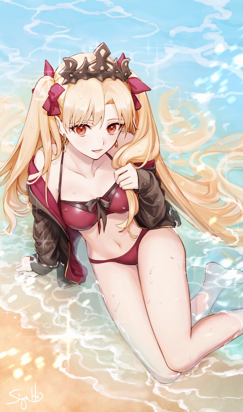 1girl absurdres bare_shoulders beach bikini black_jacket blonde_hair blush breasts collarbone earrings ereshkigal_(fate) fate/grand_order fate_(series) hair_spread_out highres hoop_earrings infinity_symbol jacket jewelry looking_at_viewer medium_breasts navel off_shoulder open_clothes open_jacket parted_bangs parted_lips red_bikini red_eyes shore siya_ho smile swimsuit thighs tiara two_side_up wet