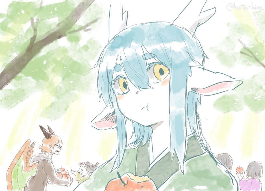 1girl 4boys :t animal_ears apple blue_hair commentary_request dragon_boy dragon_ears dragon_horns dragon_wings eastern_dragon_horns eating food forest fruit green_kimono highres holding holding_food holding_fruit horns hotathino japanese_clothes kimono light_rays looking_at_viewer multiple_boys nature orange_hair original outdoors sunbeam sunlight tree upper_body wings yellow_eyes