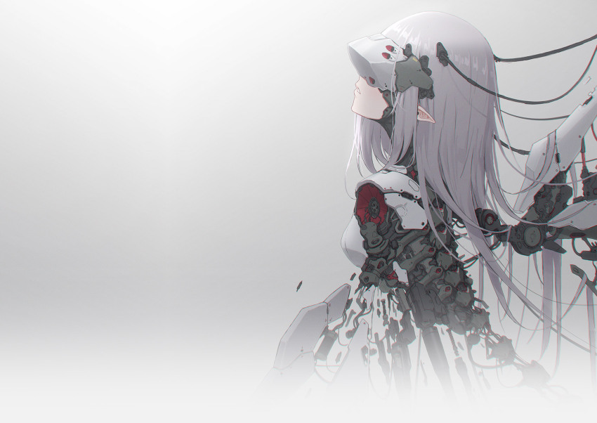 1girl android cable dolls_nest expressionless from_side grey_hair head-mounted_display highres long_hair mechabare mechanical_wings official_art oota_youjo parted_lips pointy_ears robot_girl science_fiction solo upper_body wings