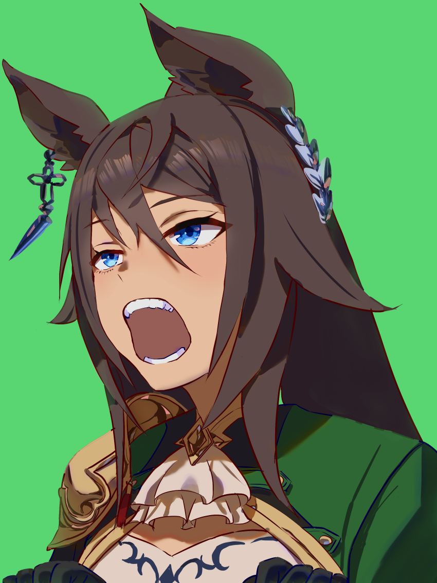 1girl absurdres animal_ears blue_eyes breasts brown_hair cleavage clothing_cutout cross cross_earrings earrings green_background hair_between_eyes highres horse_ears horse_girl jewelry long_hair long_sleeves looking_at_viewer no_uwazumi open_mouth ponytail simple_background single_earring solo symboli_kris_s_(umamusume) umamusume upper_body very_long_hair
