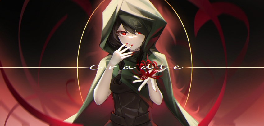 1girl bare_arms black_dress bleeding blood casting_spell character_name cloak cradle_(pgr) cuts dress flower glowing glowing_eyes glowing_nails green_cloak hair_between_eyes highres holding holding_flower hood hood_up hooded_cloak injury looking_at_viewer low-tied_sidelocks one_eye_covered panluo punishing:_gray_raven red_eyes red_flower red_nails sidelocks solo spider_lily straight-on upper_body