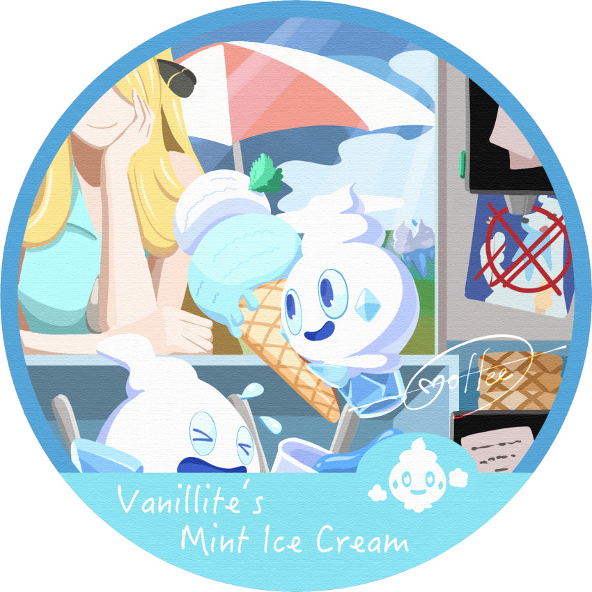 1girl :d beartic blonde_hair border cccacademia closed_mouth collared_shirt commentary creatures_(company) cynthia_(pokemon) day evolutionary_line flying_sweatdrops food game_freak gen_5_pokemon hair_ornament head_rest highres holding ice_cream ice_cream_cone long_hair nintendo open_mouth pokemon pokemon_(anime) pokemon_(creature) pokemon_bw_(anime) shirt signature sleeveless sleeveless_shirt smile transparent_border umbrella vanillish vanillite vanilluxe