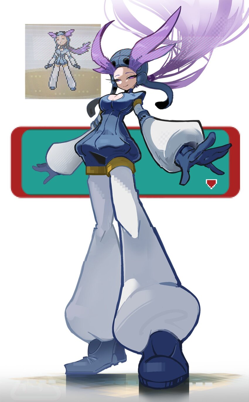 1girl aviator_cap blue_footwear blue_gloves blue_suit breasts formal_clothes gloves hair_tuft highres light_smile long_hair long_sleeves medium_breasts nintendo pants pokemon pokemon_rse ponytail purple_eyes purple_hair shakeeeeeeeee solo squinting suit winona_(pokemon)