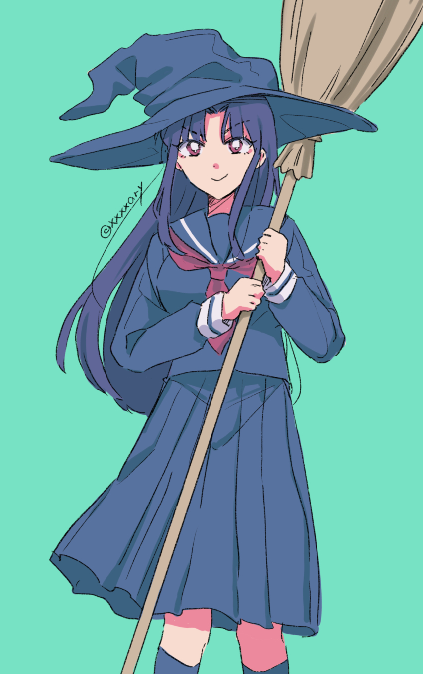 1girl blue_hat blue_sailor_collar blue_serafuku blue_shirt blue_skirt blue_socks broom green_background hat highres holding holding_broom koizumi_akako long_sleeves looking_at_viewer magic_kaito medium_skirt neckerchief pleated_skirt red_eyes red_neckerchief sailor_collar sailor_shirt school_uniform serafuku shirt simple_background sketch skirt socks solo standing witch_hat xxxxay