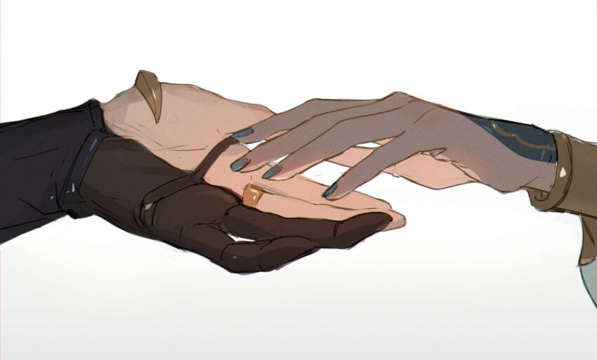 1boy 1girl absurdres aji_11300913 alhaitham_(genshin_impact) black_gloves blue_nails bracelet close-up genshin_impact gloves highres holding_hands jewelry nilou_(genshin_impact) ring simple_background white_background