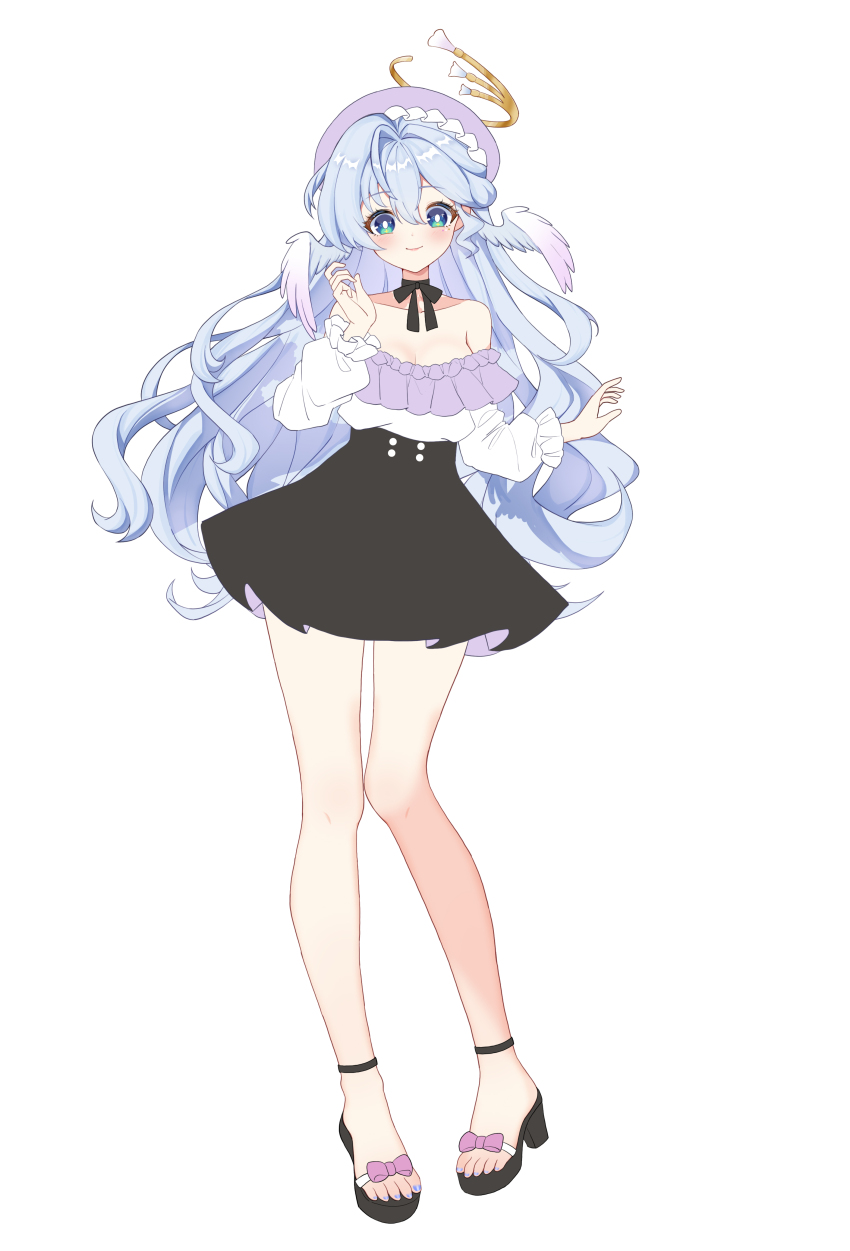 1girl absurdres alternate_costume bare_shoulders beret black_footwear black_skirt blue_hair blue_nails breasts cleavage closed_mouth facial_mark ff2074 full_body hair_between_eyes halo hands_up hat head_wings highres honkai:_star_rail honkai_(series) long_hair long_sleeves looking_at_viewer neck_ribbon off-shoulder_shirt off_shoulder ribbon robin_(honkai:_star_rail) sandals shirt simple_background skirt smile standing toenails white_background white_shirt wings
