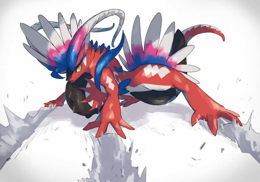 akira_(manga) akira_slide closed_mouth commentary_request full_body koraidon legendary_pokemon looking_at_viewer meme nintendo no_humans orange_eyes parody pokemon pokemon_(creature) pokemon_focus sliding solo spikes standing suruga_dbh white_background