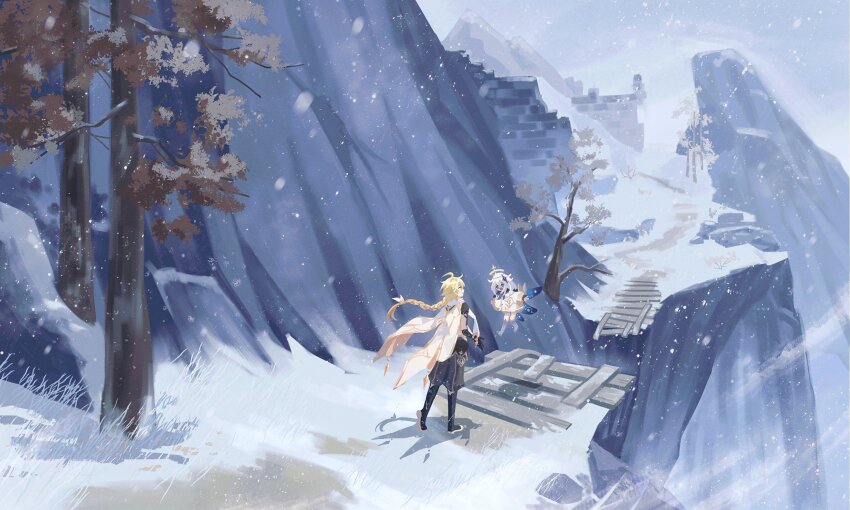 1boy 1girl aether_(genshin_impact) black_boots blonde_hair boots braid brown_pants genshin_impact halo highres long_hair march_rly medium_hair mountain paimon_(genshin_impact) pants romper scarf scenery single_braid snow snowing tree white_boots white_hair white_romper white_scarf