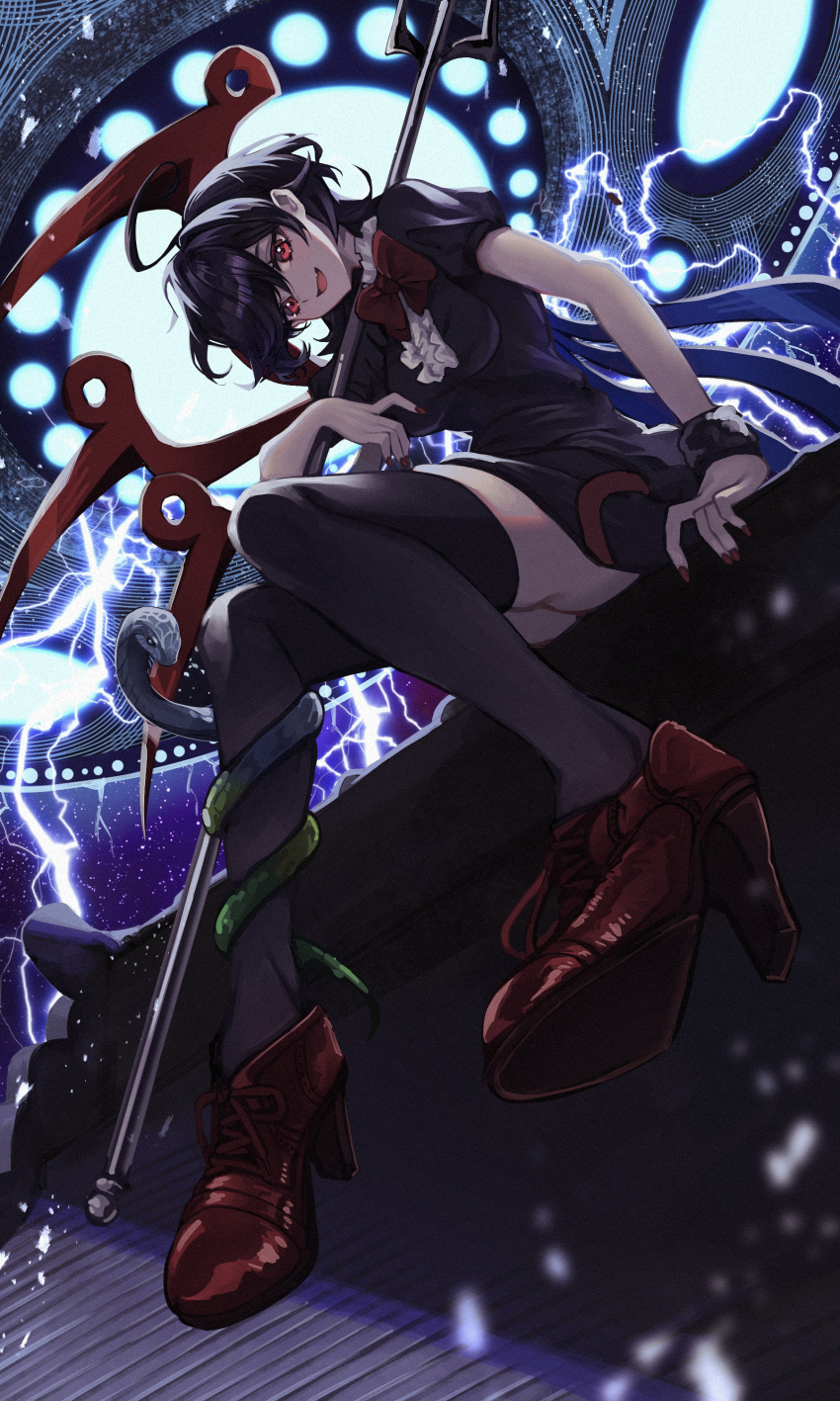1girl :d absurdres asymmetrical_wings black_dress black_hair black_thighhighs black_wings commentary_request dress from_below high_heels highres houjuu_nue looking_at_viewer nue_day open_mouth polearm red_eyes red_shoes red_wings shoe_soles shoes short_dress short_hair sitting smile snake solo tadano1129 thighhighs touhou trident weapon wings zettai_ryouiki