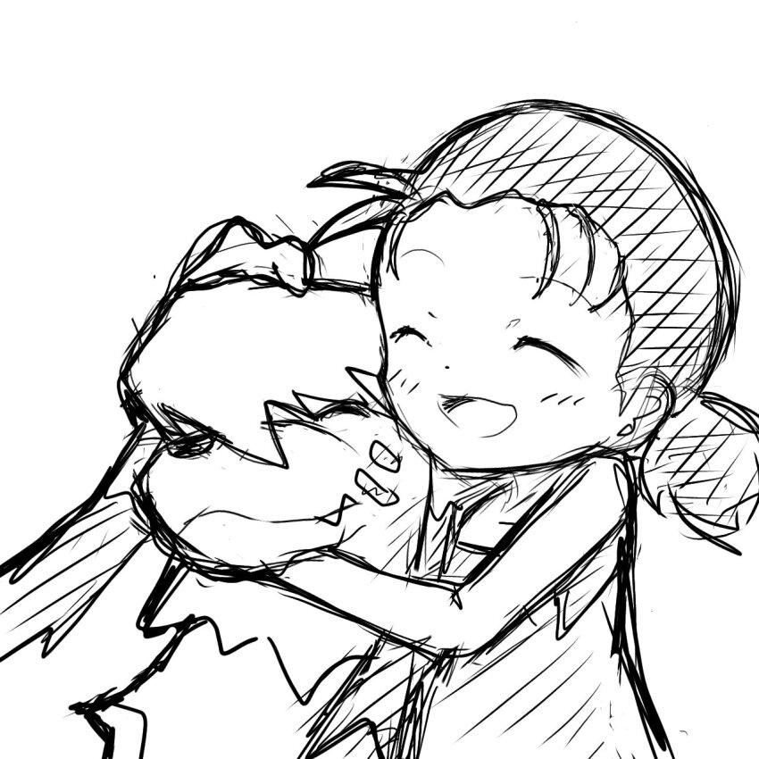 1girl digimon digimon_(creature) digimon_tamers digimon_tamers:_boukensha-tachi_no_tatakai dog happy highres labramon re07722035 sharp_teeth sketch smile teeth twintails uehara_minami