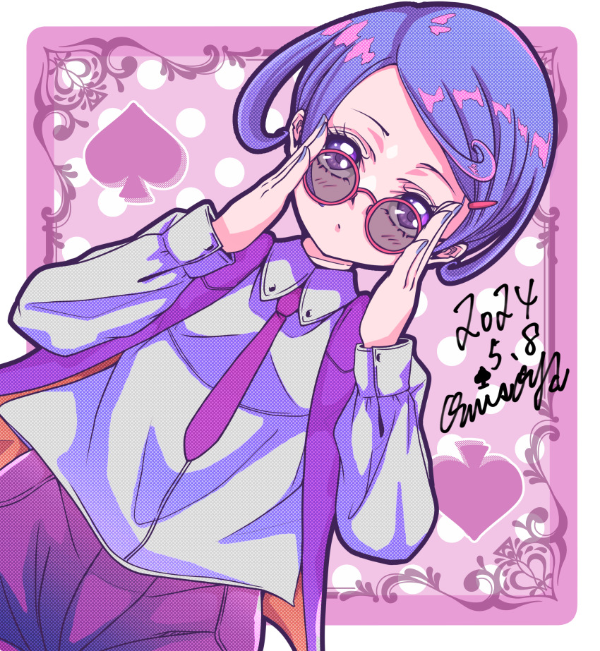 1girl absurdres dated dokidoki!_precure glasses grey_shirt hair_ornament hairclip highres kenzaki_makoto long_sleeves necktie omisoya open_clothes open_mouth open_vest pink-framed_eyewear precure purple_eyes purple_hair purple_necktie purple_shorts shirt short_hair shorts signature solo spade_(shape) two-tone_vest vest