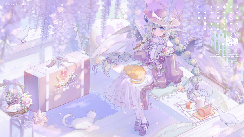 1girl animal animal_on_lap artist_logo artist_name basket bed bird blue_eyes cake cat cat_on_lap commission cup dress feathered_wings flower flower_basket food frills grey_hair hat head_wings highres holding holding_umbrella large_hat logo long_hair long_sleeves looking_at_viewer multi-tied_hair on_bed on_lap orange_cat original parasol pillow plate puffy_sleeves purple_hat purple_shoes shoes sitting socks solo suitcase twintails umbrella umehara_sei watermark white_bird white_cat white_dress white_socks wide_brim wings wisteria