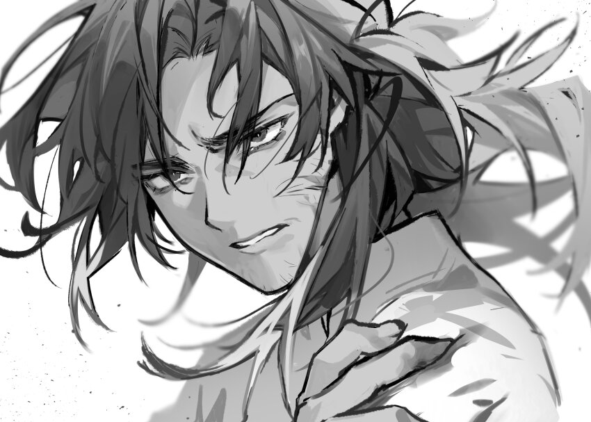 1boy absurdres aged_down cheongdan_t clenched_teeth floating_hair greyscale hand_on_own_shoulder highres looking_at_viewer male_focus medium_hair monochrome portrait reverse:1999 shamane solo teeth v-shaped_eyebrows white_background