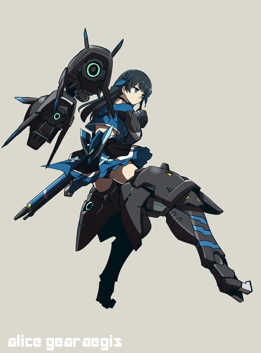 1girl absurdres alice_gear_aegis blue_eyes blue_hair gun highres holding holding_gun holding_weapon kato_takuji koashi_mutsumi long_hair mecha_musume weapon