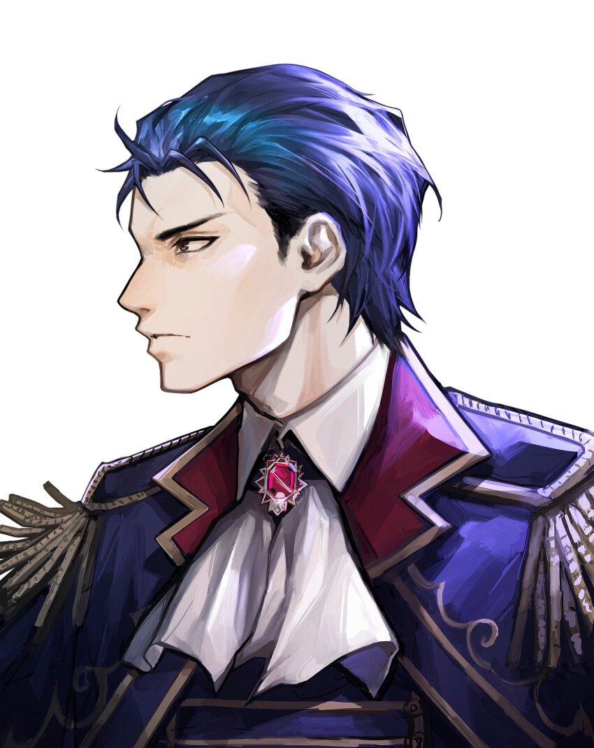 1boy absurdres ascot black_hair commission commissioner_upload deka_yo epaulettes fire_emblem fire_emblem:_thracia_776 gem hair_slicked_back highres male_focus nintendo official_alternate_costume reinhardt_(fire_emblem) simple_background white_background
