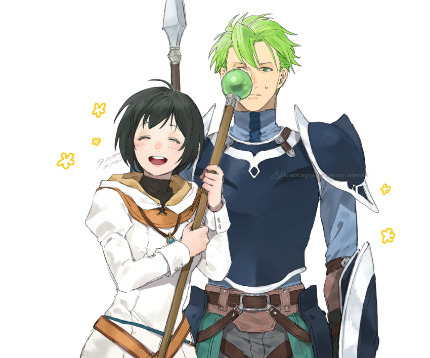 1boy 1girl 91007 aran_(fire_emblem) arm_shield armor artist_name belt black_hair blue_armor breastplate breasts brown_belt closed_eyes closed_mouth commentary_request fire_emblem fire_emblem:_radiant_dawn green_eyes green_hair high_collar holding holding_staff jewelry juliet_sleeves laura_(fire_emblem) long_sleeves mage_staff nintendo open_mouth pendant polearm puffy_sleeves robe shield short_hair shoulder_armor simple_background small_breasts spear staff sweat swept_bangs teeth twitter_username upper_body upper_teeth_only watermark weapon white_background white_robe