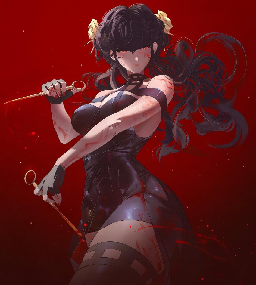 1girl bare_shoulders black_dress black_gloves black_hair black_thighhighs blood blood_on_arm blood_on_face blood_on_hands blood_on_shoulder bloody_weapon breasts cleavage closed_mouth commentary cowboy_shot dagger dress elliemaplefox english_commentary eyelashes fingerless_gloves gloves gold_hairband hair_between_eyes hairband highres holding holding_dagger holding_knife holding_weapon knife large_breasts light_particles long_hair looking_at_viewer red_background red_eyes red_nails simple_background solo spy_x_family stiletto_(weapon) thick_thighs thighhighs thighs tsurime weapon yor_briar
