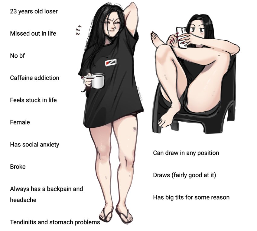 1girl anary arm_behind_head artist_self-insert black_hair black_shirt black_shorts cellphone chair commentary crossed_legs cup english_commentary english_text flip-flops highres holding holding_cup holding_phone long_hair one_eye_closed phone real_life sandals shirt short_shorts shorts sitting smartphone t-shirt women_on_twitter_(meme)