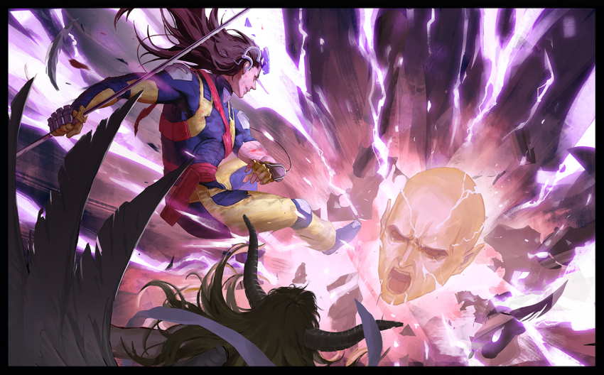3boys aleph_(megami_tensei) angel_wings battle black_hair blonde_hair demon_(megami_tensei) feathered_wings helel_(megami_tensei) holding holding_sword holding_weapon horns knee_pads lightning long_hair lucifer_(megami_tensei) magic multiple_boys o_c_x open_mouth shin_megami_tensei shin_megami_tensei_ii spoilers sunglasses sword weapon wings wrist_computer yhvh yhvh_(megami_tensei)