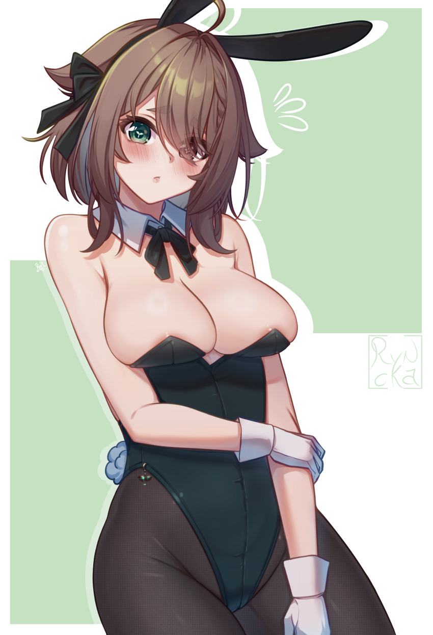 1girl absurdres ahoge animal_ears black_leotard black_pantyhose black_ribbon breasts brown_hair commentary detached_collar english_commentary gloves green_eyes hair_flaps hair_over_one_eye highres chromashift indie_virtual_youtuber large_breasts leotard medium_hair meica_(vtuber) neck_ribbon pantyhose playboy_bunny rabbit_ears rabbit_tail ribbon ryncka solo sprout-shaped_pupils strapless strapless_leotard symbol-shaped_pupils tail virtual_youtuber white_gloves