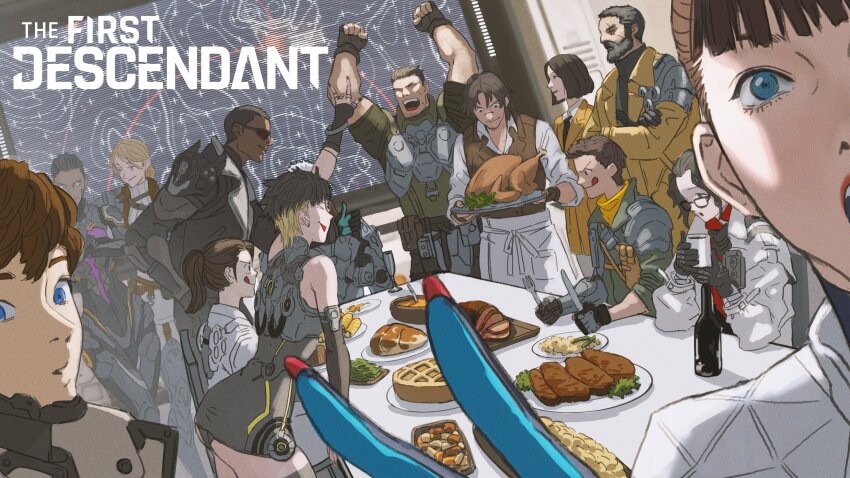 6+boys 6+girls absurdres apron armor arms_up artist_request ass bare_shoulders beard black_gloves black_hair blonde_hair blue_eyes blunt_bangs bodysuit bottle bowl brown_hair brown_vest champagne_flute closed_eyes coat collared_shirt colored_tips commentary copyright_name corn crossed_arms cup dark-skinned_female dark-skinned_male dark_skin detached_sleeves dress drinking_glass dutch_angle english_commentary facial_hair fingerless_gloves food fork glasses gloves gravy grey_dress grey_hair grey_jacket ham highres holding holding_cup holding_fork holding_knife holding_tray jacket knife leaning_forward licking_lips long_hair looking_at_another looking_at_viewer map mashed_potatoes multicolored_hair multiple_boys multiple_girls official_art open_mouth pie plate ponytail red_nails screen shirt short_dress short_hair shoulder_armor sidelocks sitting sleeves_rolled_up soup standing steak strap sunglasses table tablecloth thanksgiving the_first_descendant tongue tongue_out tray turkey_(food) undershirt vegetable vest w waist_apron white_jacket white_shirt yellow_coat yellow_jacket
