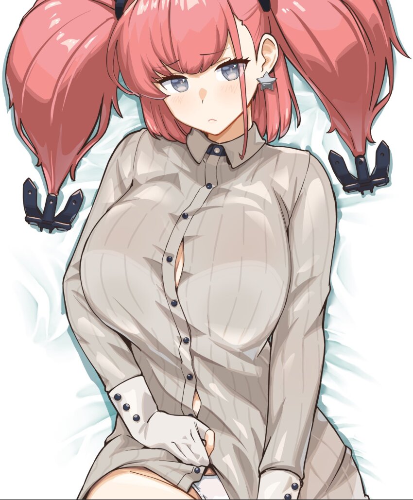 1girl asava_(hutaitenn) atlanta_(kancolle) blush breasts brown_hair earrings grey_eyes hair_ornament highres jewelry kantai_collection large_breasts long_hair long_sleeves lying on_back shirt solo star_(symbol) star_earrings two_side_up unbuttoned upper_body white_background white_shirt