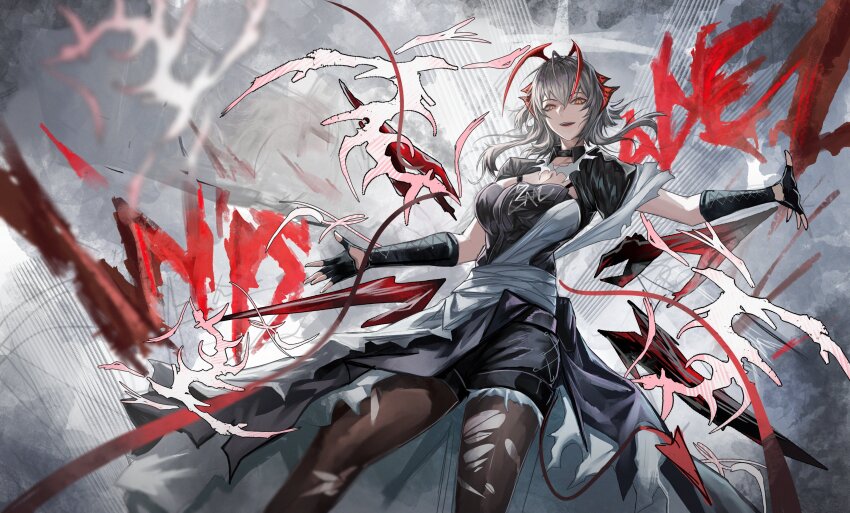 1girl absurdres antenna_hair arknights black_collar black_gloves black_shorts breasts cleavage collar demon_horns feet_out_of_frame fingerless_gloves gloves grey_hair hashtag-only_commentary highres horns large_breasts looking_at_viewer official_alternate_costume open_mouth orange_eyes pantyhose red_wann short_shorts shorts smile solo standing teeth torn_clothes torn_pantyhose upper_teeth_only w_(arknights) wis&#039;adel_(arknights) wis&#039;adel_(supernova)_(arknights)