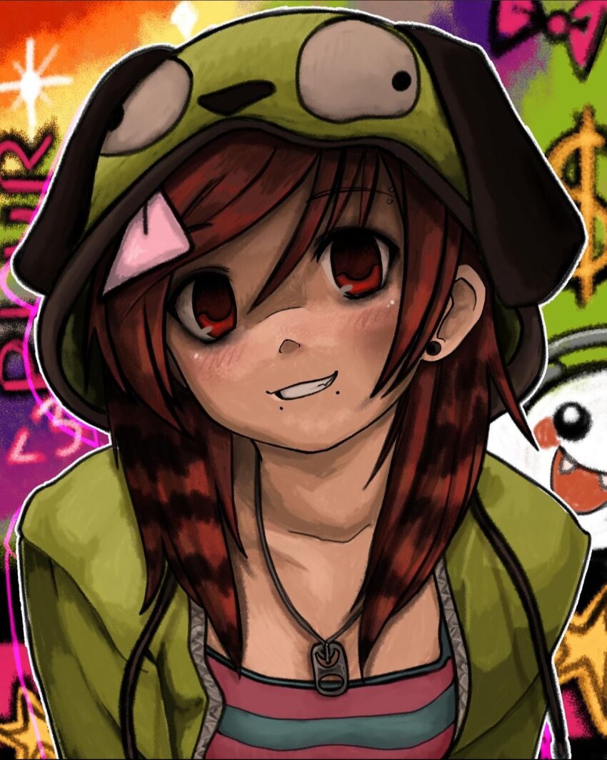 1girl 2000s_(style) blush commentary cosplay english_commentary gir_(invader_zim) gir_(invader_zim)_(cosplay) grin highres hood hood_up hoodie invader_zim jewelry long_hair looking_at_viewer necklace original raccoon_tails_(hairstyle) red_eyes red_hair scene_fashion shirt smile solo striped_clothes striped_hair striped_shirt upper_body zoolpal