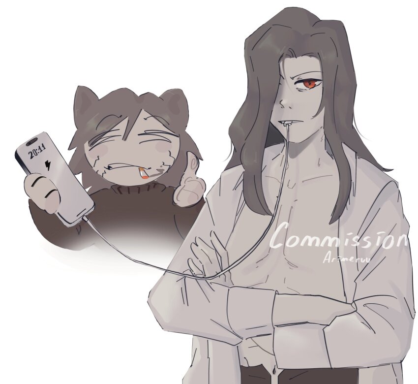 animal_ears black_hair black_pants black_sweater cat_ears cellphone charging_device cigarette collared_shirt crossed_arms hair_over_one_eye highres long_hair marblearimeruu melty_blood michael_roa_valdamjong navel neco-arc_chaos open_clothes open_shirt pants pectorals phone red_eyes shirt sleeve_cuffs smartphone sweater thumbs_up tsukihime