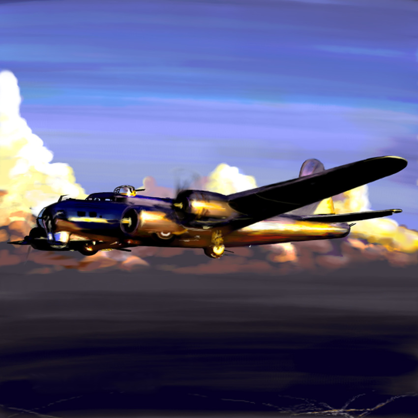 aircraft airplane b-17 bomber cloud flying gun highres military military_vehicle no_humans original pilot sky sunset tsubasa_(abchipika) vehicle_focus weapon world_war_ii