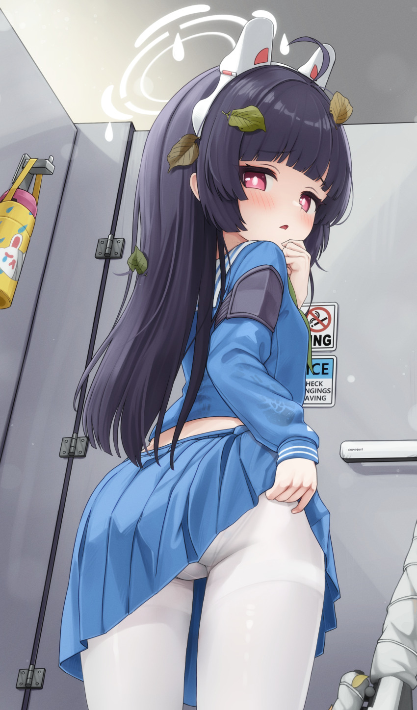 1girl absurdres animal_ear_hairband animal_ears ass black_hair blue_archive blue_serafuku blue_shirt blue_skirt bolt_action clothes_lift commentary comodox crotch_seam dirty dirty_clothes english_commentary fake_animal_ears from_behind green_neckerchief gun hairband halo highres indoors large_variant_set leaf leaf_on_head lifting_own_clothes loli long_hair long_sleeves looking_at_viewer looking_back miniskirt miyu_(blue_archive) mosin-nagant neckerchief open_mouth paid_reward_available panties panties_under_pantyhose pantyhose pleated_skirt puffy_long_sleeves puffy_sleeves rabbit_ear_hairband rabbit_ears red_eyes rifle sailor_collar sailor_shirt school_uniform serafuku shirt shoe_print skirt skirt_lift solo underwear variant_set weapon white_halo white_pantyhose