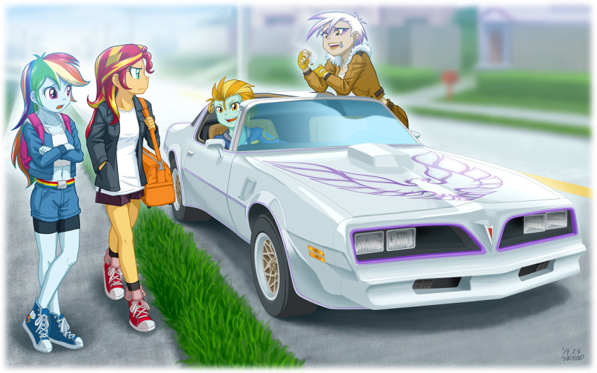 4girls angry aqua_eyes bag blonde_hair blue_skin car cigarette colored_skin crossed_arms duffel_bag face_piercing gilda gradient_hair hair_slicked_back jacket lightning_dust lip_piercing long_hair midriff motor_vehicle multicolored_hair multiple_girls my_little_pony my_little_pony:_equestria_girls my_little_pony:_friendship_is_magic navel personification piercing pointy_hair pontiac pontiac_firebird purple_hair rainbow_dash rainbow_hair red_eyes red_hair shoes short_hair shorts sneakers sunset_shimmer two-tone_hair uotapo white_hair yellow_eyes yellow_skin