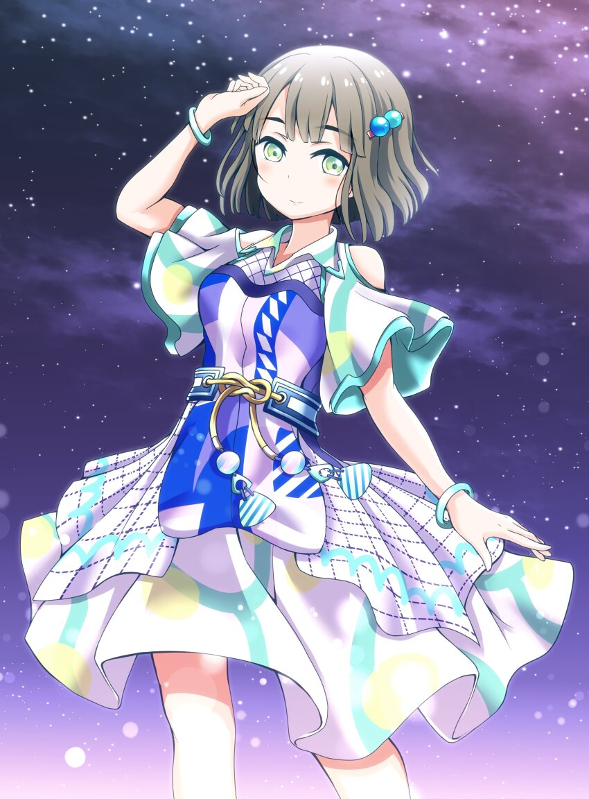 1girl absurdres alternate_costume arm_up blue_dress blunt_bangs blunt_ends blush breasts brown_hair closed_mouth clothing_cutout commentary dress feet_out_of_frame genyo_yako green_eyes hair_bobbles hair_ornament highres link!_like!_love_live! looking_at_viewer love_live! medium_breasts medium_dress minato_teisyoku momose_ginko multicolored_dress night night_sky purple_dress short_hair short_sleeves shoulder_cutout sky smile solo split_mouth standing star_(sky) starry_sky virtual_youtuber white_dress