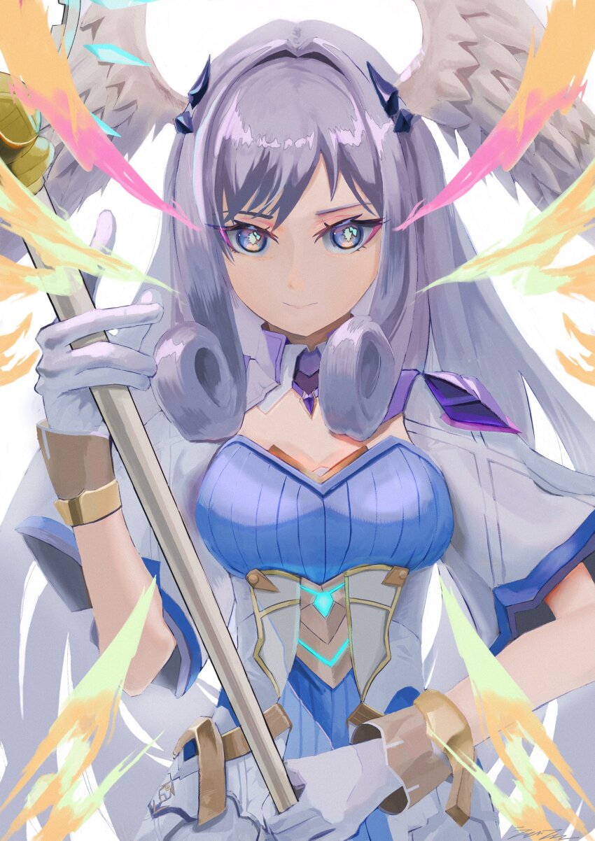 1girl asymmetrical_bangs bakuros curly_hair gloves grey_eyes grey_hair head_wings highres holding holding_staff long_hair looking_at_viewer melia_antiqua parted_bangs solo staff white_gloves wings xenoblade_chronicles_(series) xenoblade_chronicles_3
