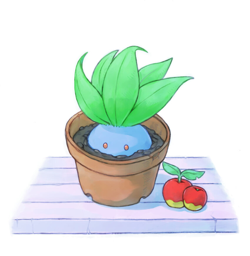 apple burying crack cracked_flower_pot dirt flower_pot food fruit game_freak gen_1_pokemon looking_at_viewer nintendo no_humans oddish pokemon pokemon_(creature) red_eyes simple_background solo white_background yanedx