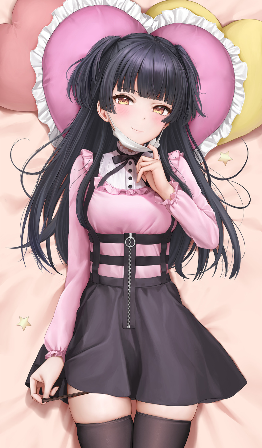1girl absurdres black_hair black_skirt black_thighhighs blunt_bangs blush breasts brown_eyes closed_mouth cowboy_shot dakimakura_(medium) frilled_shirt frills highres idolmaster idolmaster_shiny_colors jirai_kei keine09 long_hair long_sleeves looking_at_viewer mask mask_pull mayuzumi_fuyuko miniskirt mouth_mask panties panty_lift panty_pull pink_shirt shirt skirt smile solo surgical_mask thighhighs two_side_up underwear