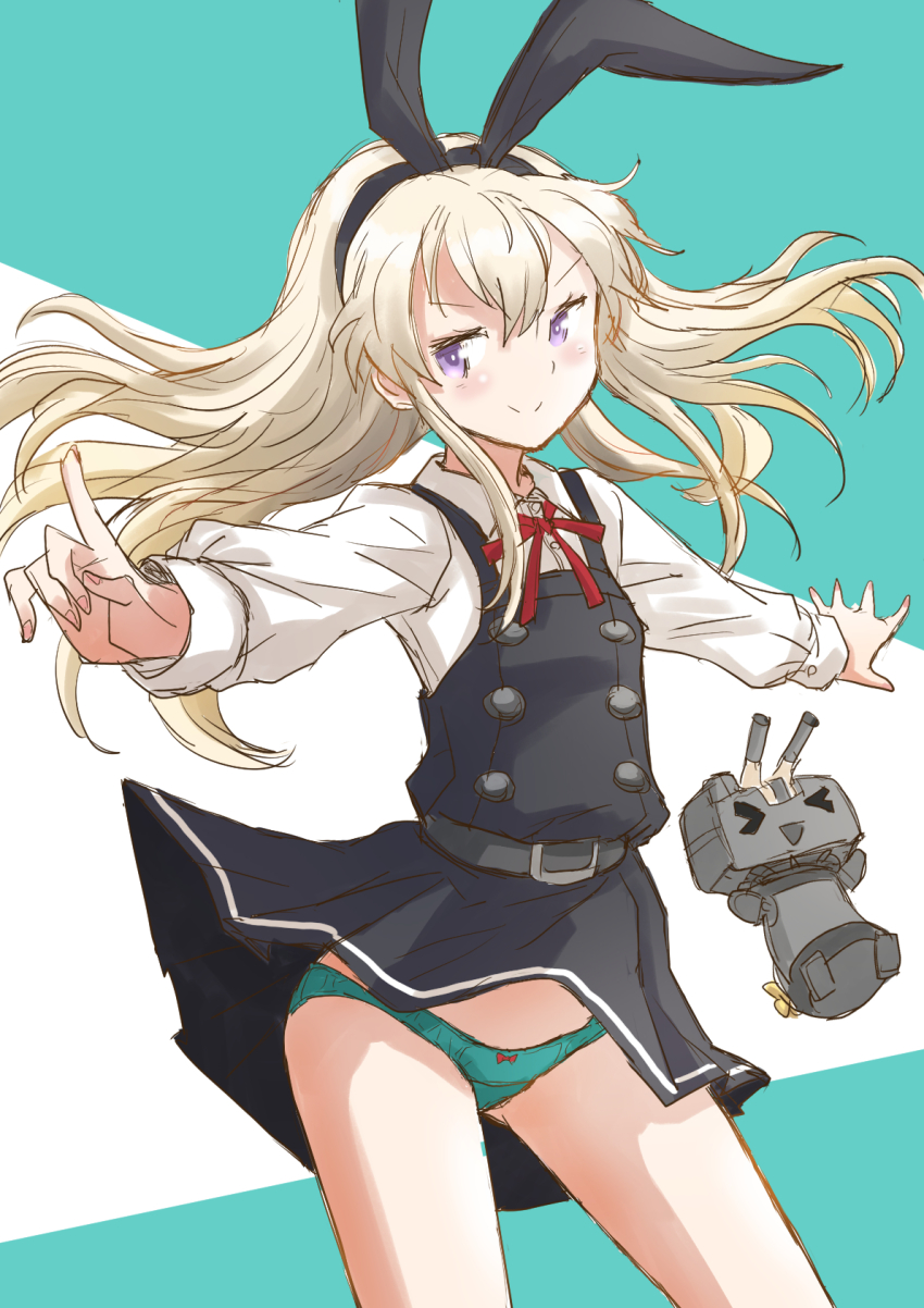 1girl black_ribbon blonde_hair commentary_request contrapposto cosplay cowboy_shot dress fuji_(pixiv24804665) green_background green_panties grey_eyes highres kantai_collection kasumi_(kancolle) kasumi_(kancolle)_(cosplay) kasumi_kai_ni_(kancolle) long_hair long_sleeves looking_at_viewer panties pinafore_dress red_ribbon rensouhou-chan ribbon shimakaze_(kancolle) shirt sleeveless sleeveless_dress two-tone_background underwear white_background white_shirt