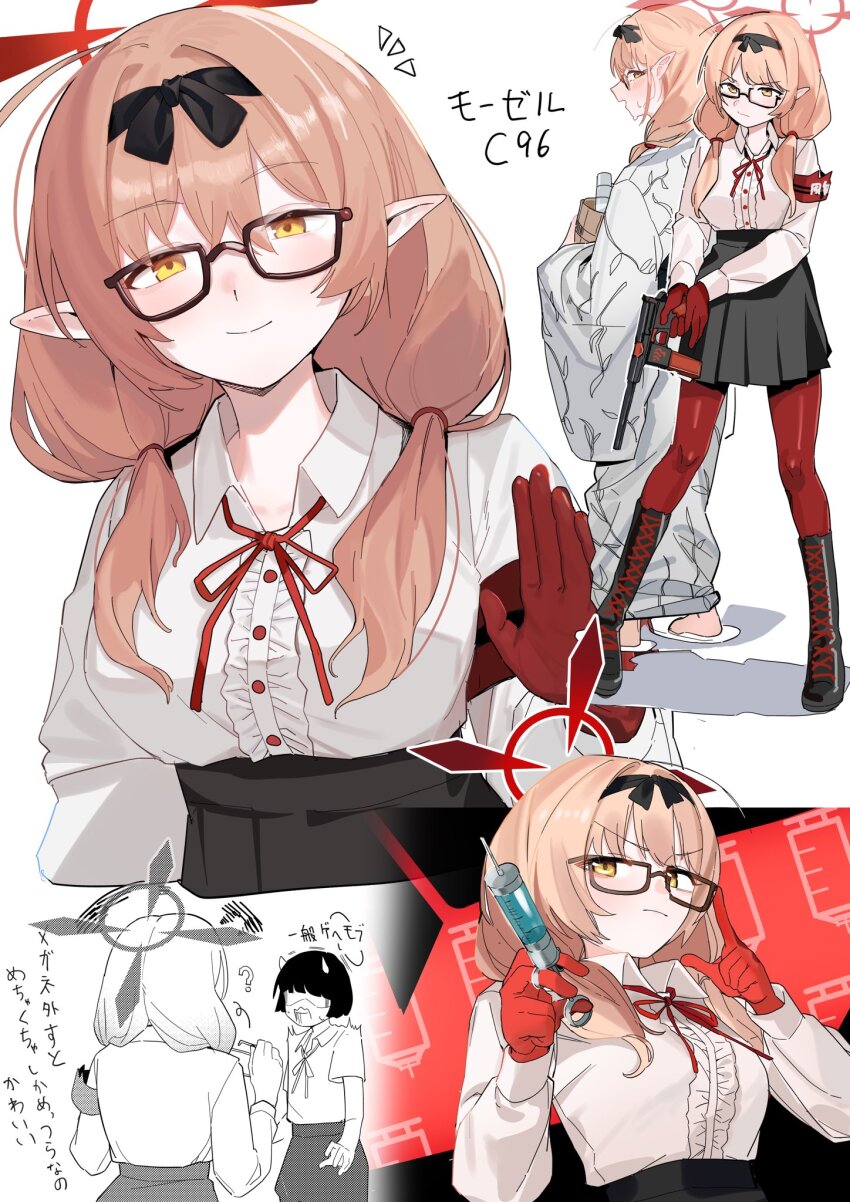 2girls armband black_hairband black_skirt blue_archive blush boots breasts chinatsu_(blue_archive) chinatsu_(hot_spring)_(blue_archive) closed_mouth collared_shirt commentary_request glasses gloves gun hairband halo handgun highres holding holding_gun holding_syringe holding_weapon japanese_clothes kimono long_hair long_sleeves low_twintails mauser_c96 multiple_girls multiple_views neck_ribbon orange_eyes pantyhose pointy_ears red_armband red_gloves red_pantyhose red_ribbon ribbon shirt skirt standing syringe twintails umiwashi weapon white_shirt yukata