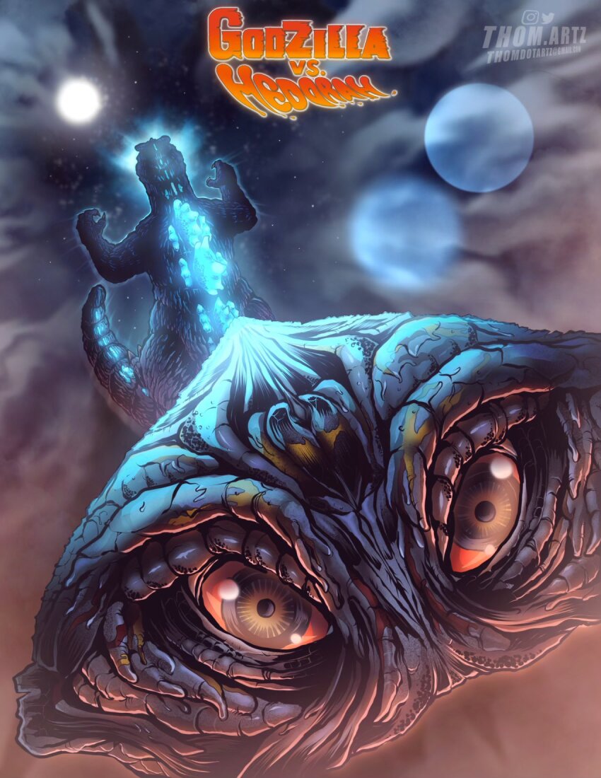 alien atomic_breath breath_weapon claws cloud colored_sclera dinosaur energy energy_beam flying full_moon glowing glowing_spikes godzilla godzilla_(series) godzilla_vs._hedorah green_eyes hedorah highres kaiju moon mouth_beam night no_humans plasma plasma_beam red_sclera signature sky slime_(creature) smoke space_monster spikes star_(sky) starry_sky tail thomdotartz toho yellow_eyes