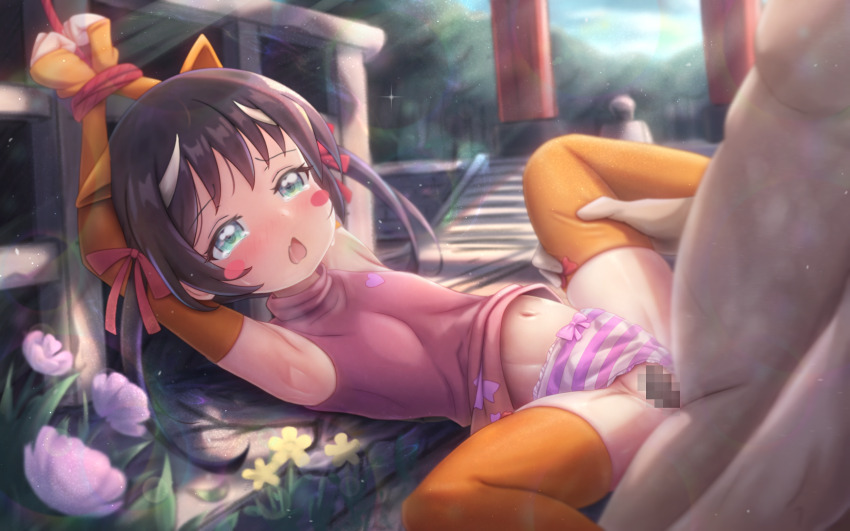 1boy 1girl absurdres aqua_eyes arm_warmers black_hair blush_stickers bound bound_wrists bow bow_panties censored clothed_female_nude_male clothed_sex clothing_aside commentary_request dress etotama flat_chest hetero highres large_variant_set loli long_hair mosaic_censoring navel nude open_mouth orange_thighhighs outdoors panties panties_aside pink_dress pink_panties psd_available restrained sex sleeveless sleeveless_dress solo_focus spread_legs striped_clothes striped_panties textless_version thighhighs twintails underwear uri-tan vaginal variant_set zusshii_(libertasgenesis)