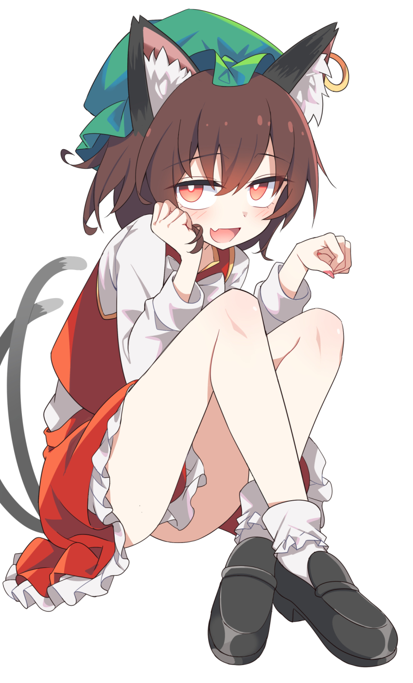 1girl :d animal_ear_fluff animal_ear_piercing animal_ears bare_legs blush bobby_socks bright_pupils brown_eyes brown_hair cat_ears cat_tail chen commentary_request crossed_ankles e.o. earrings fang frills full_body hair_between_eyes hand_on_own_cheek hand_on_own_face hands_up hat highres jewelry long_sleeves looking_at_viewer mob_cap multiple_tails nail_polish nekomata open_mouth paw_pose petticoat red_nails red_skirt red_vest revision short_hair simple_background single_earring skin_fang skirt skirt_set smile socks solo tail touhou two_tails vest white_background white_pupils